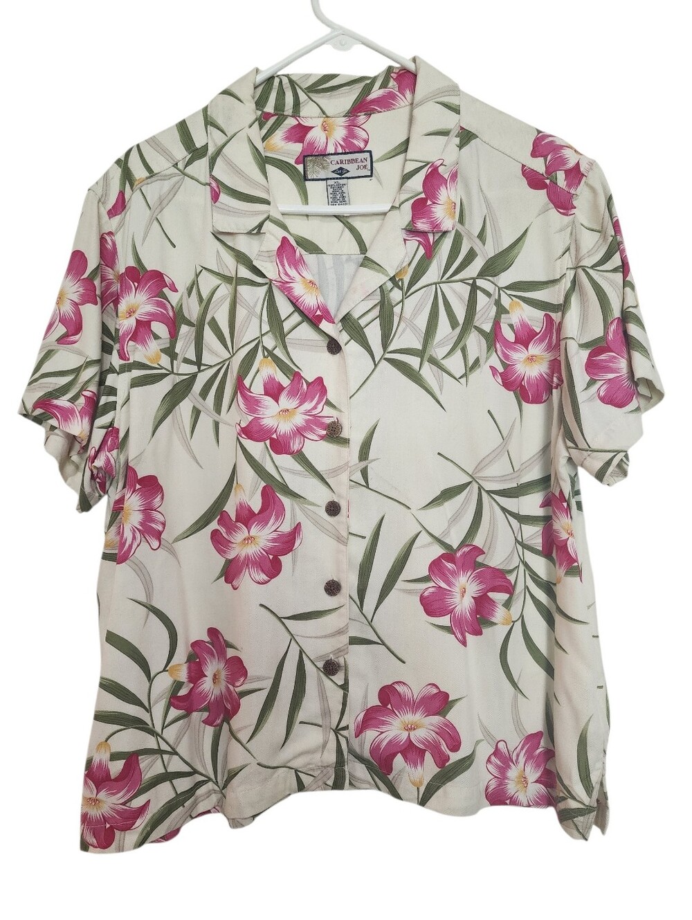 Caribbean Joe Cream Pink Tropical Floral Button-Down Shirt SZ XL